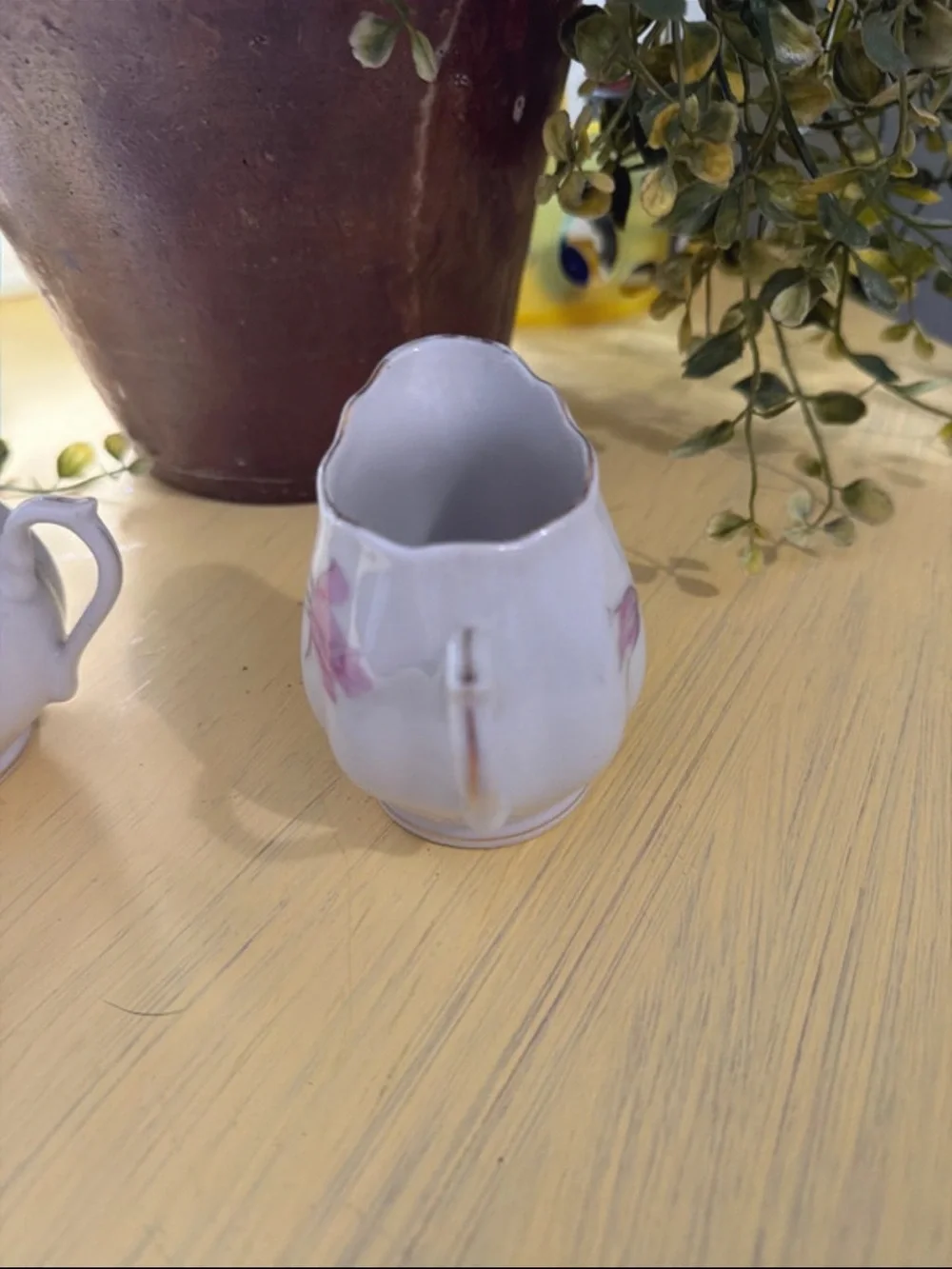 Enesco White Porcelain Sugar Bowl and Creamer with Pink Rose Motif
